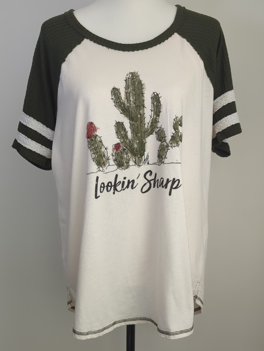 Maurices Lookin Sharp Cactus Raglan Baseball Waffle Sleeve Graphic Tee Top XL